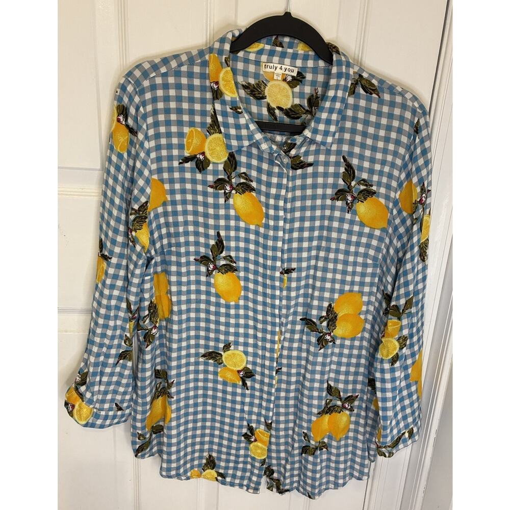 Truly 4 You Lemon Print Blue Gingham Button-Down Shirt - Women's Large